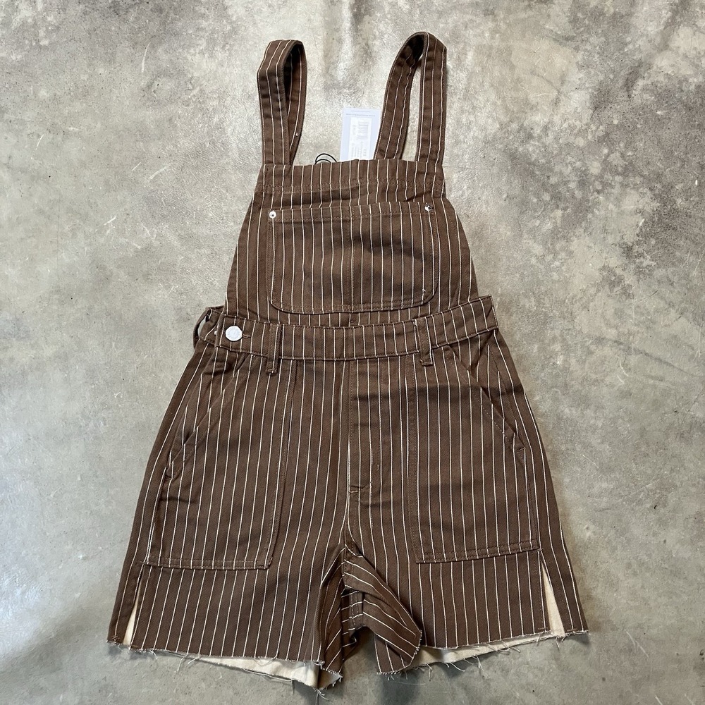 We Wore What‎ Revolve Overalls Womens Size XXS Brown Multi Pinstripe Slit Short